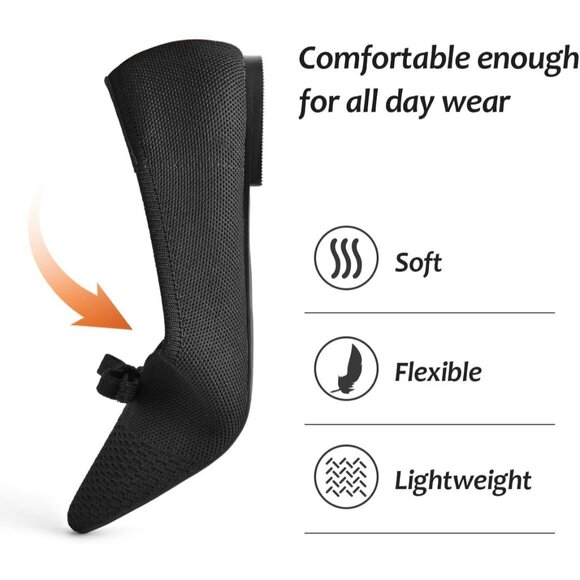 Black Suede Flats Bow Knit Round Toe Comfortable Ballet Flats for Office Work - Picture 4 of 10
